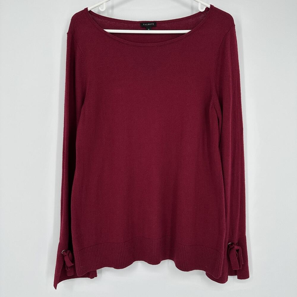 Talbots Sweater Womens Medium Red Pullover Bow Sleeve Cotton Blend Cashmere Knit